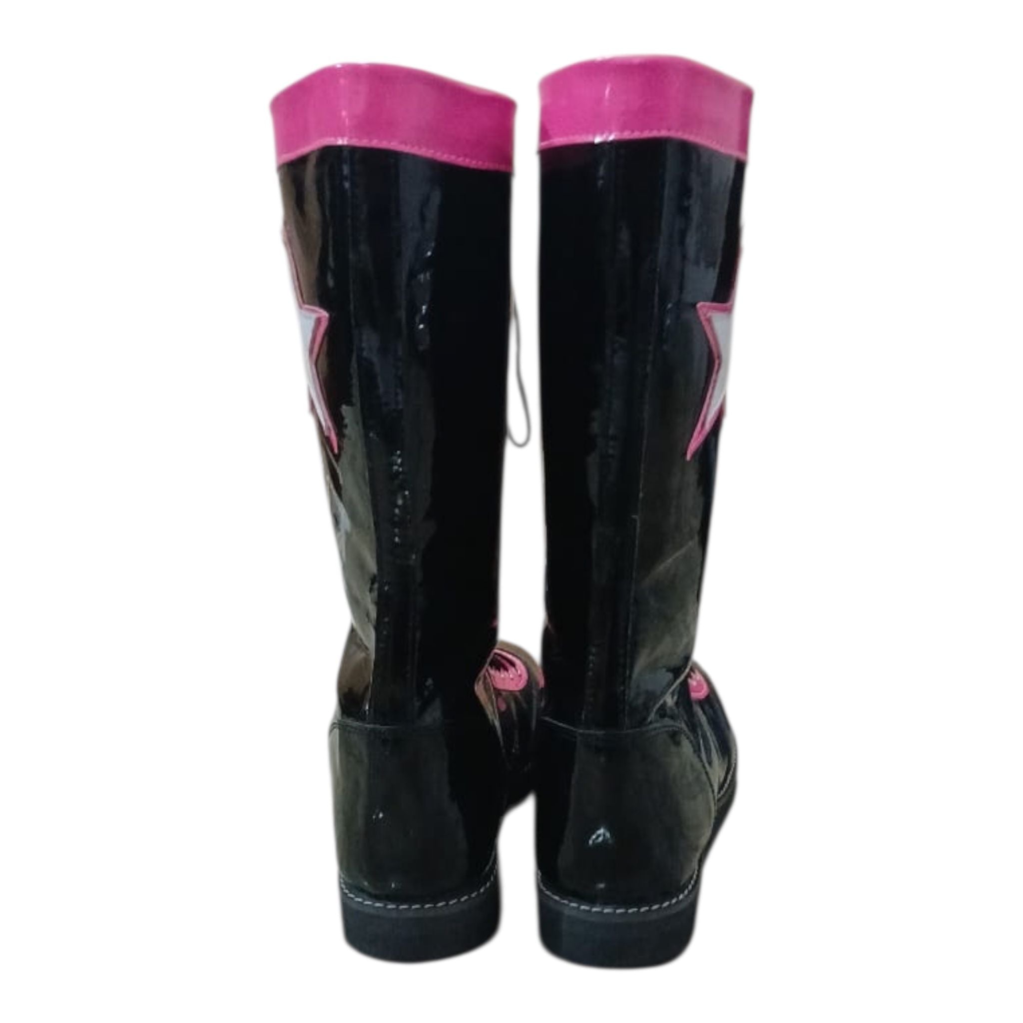 Unisex black patent wrestling boots with pink accents and decorative stars