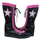 Black and pink knee-high wrestling boots with star design and lace-up front