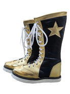 Black and gold combat boots with a star on a white background