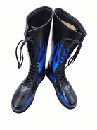 Top-down view of black lace-up inferno wrestling boots displaying clean folded collar and full blue flame graphic coverage across shaft