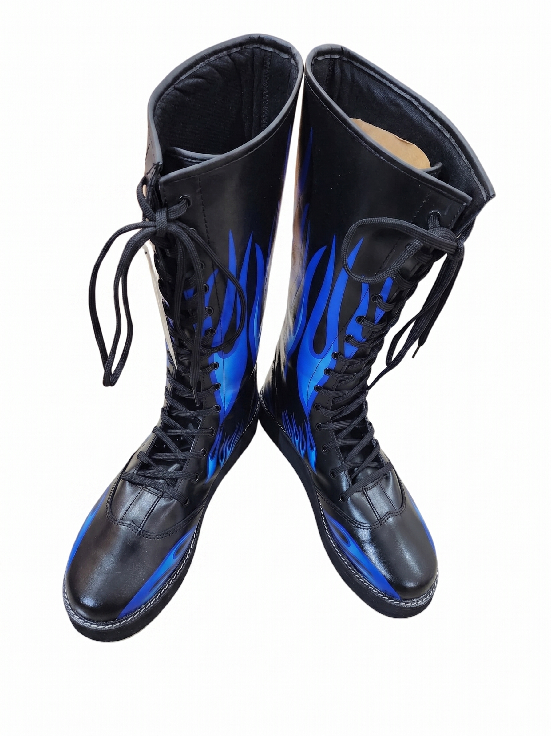 Top-down view of black lace-up inferno wrestling boots displaying clean folded collar and full blue flame graphic coverage across shaft