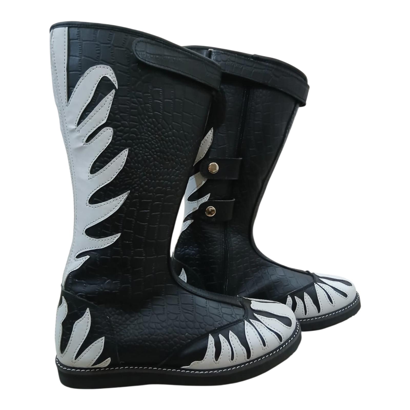 Pair of professional ring boots featuring embossed crocodile leather upper and dramatic white flame panels