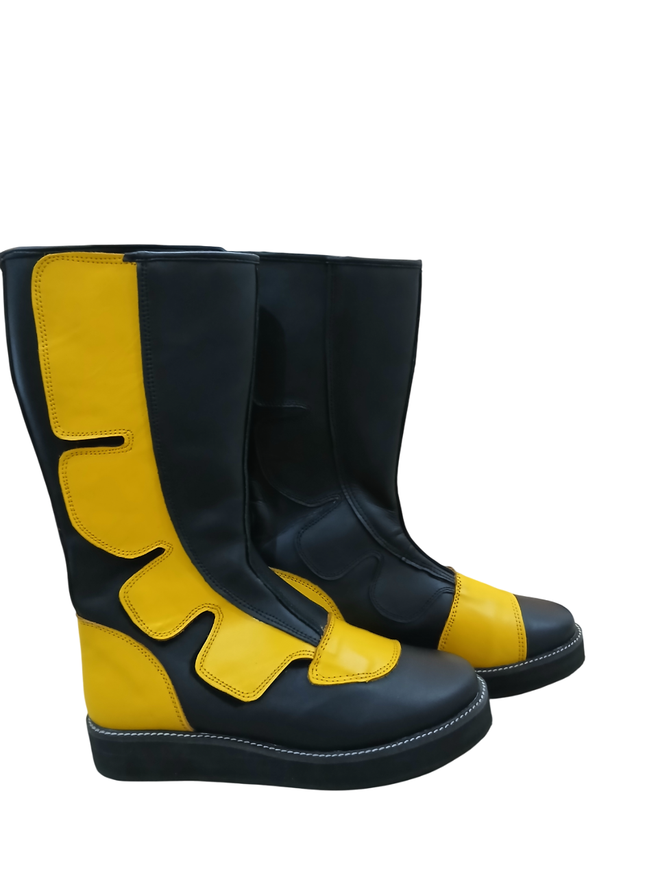Pair of black wrestling boots featuring bold yellow overlay accents