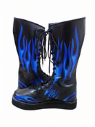 Unisex black and electric blue flame print professional wrestling boots with white contrast stitched platform sole on white background