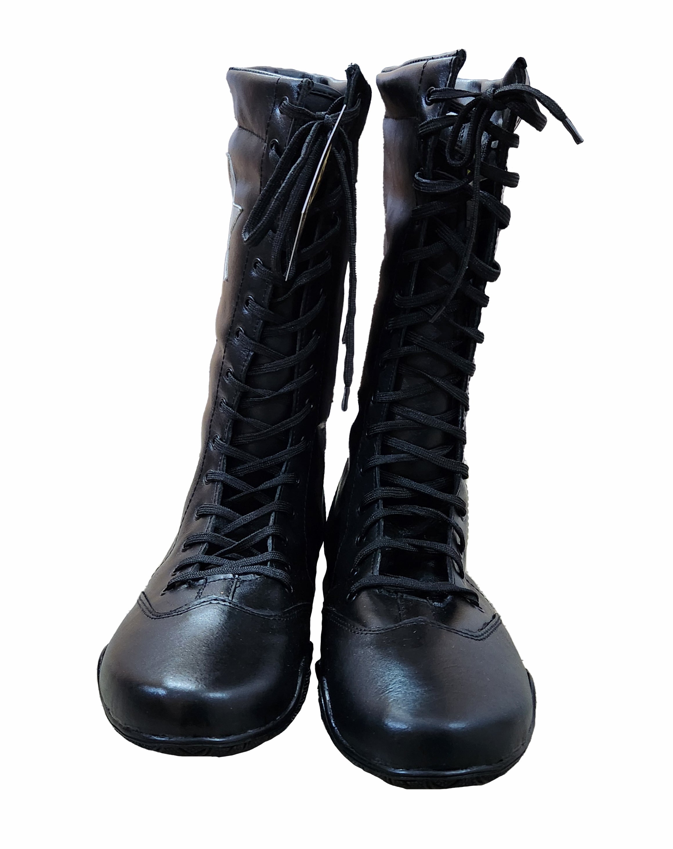 all-black professional ring boots showing matching black round laces, black metal eyelets, and bold white star patches
