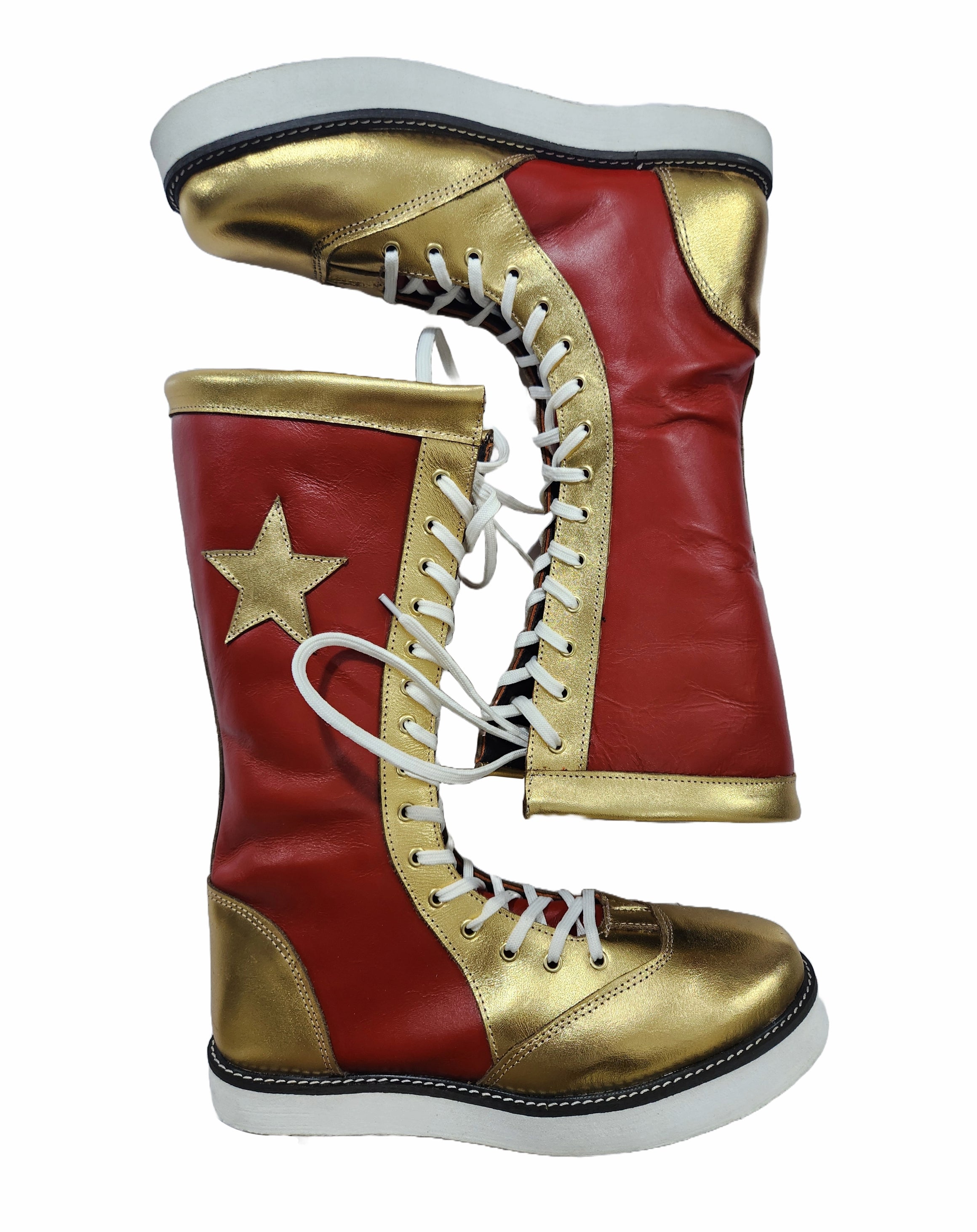 Maroon and gold boots with a star on a white background