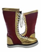 Maroon and gold boots with white laces on a white background