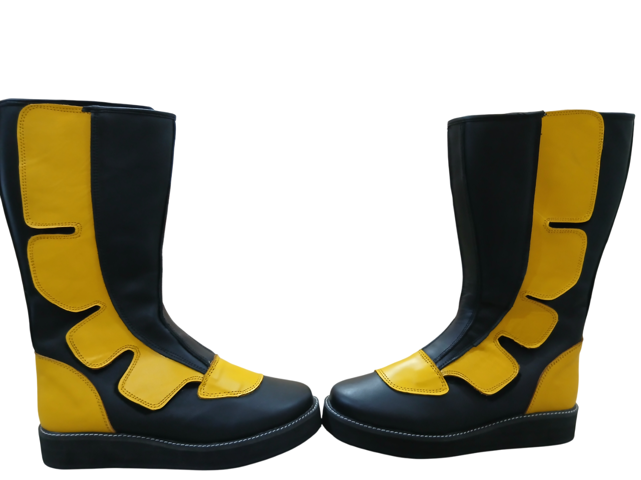 Side view of black and yellow ring boots for wrestling performance