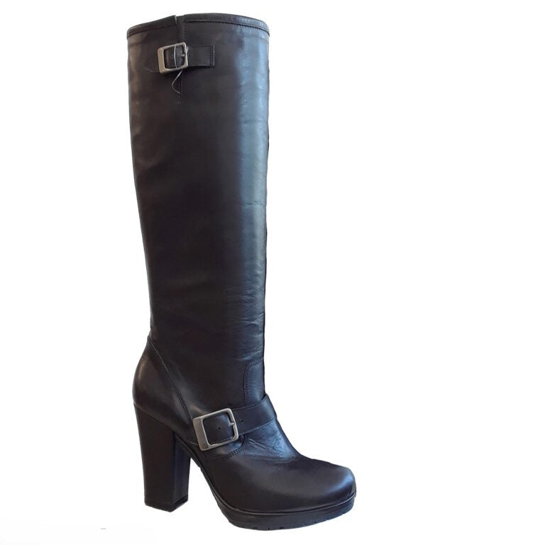 Black knee-high boot with a buckle on a white background