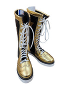 Gold and black boots with white laces on a white background