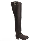 Black knee-high boot with buckles on a white background