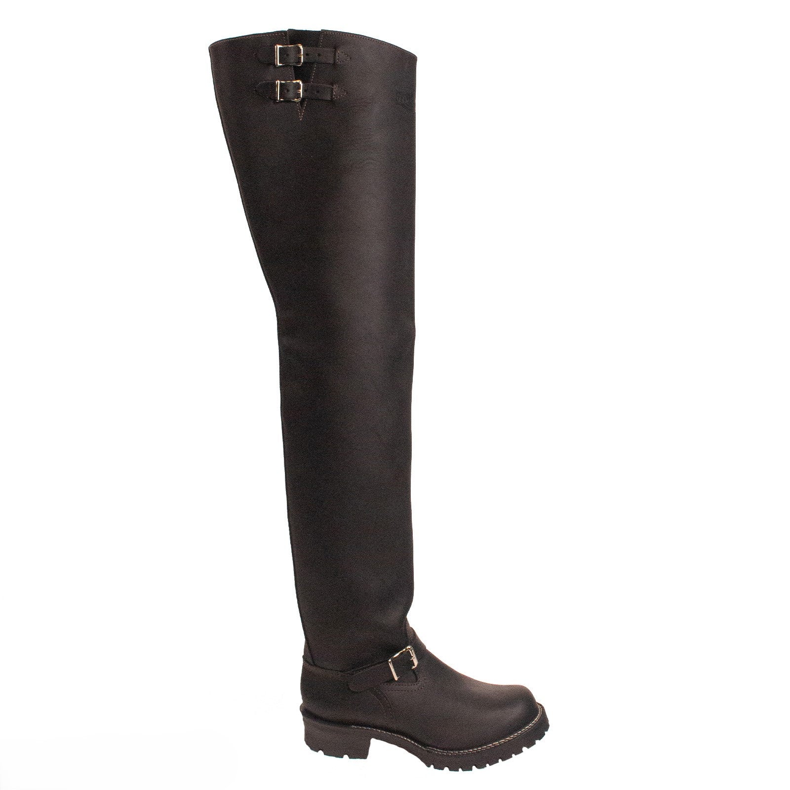 Black knee-high boot with buckles on a white background