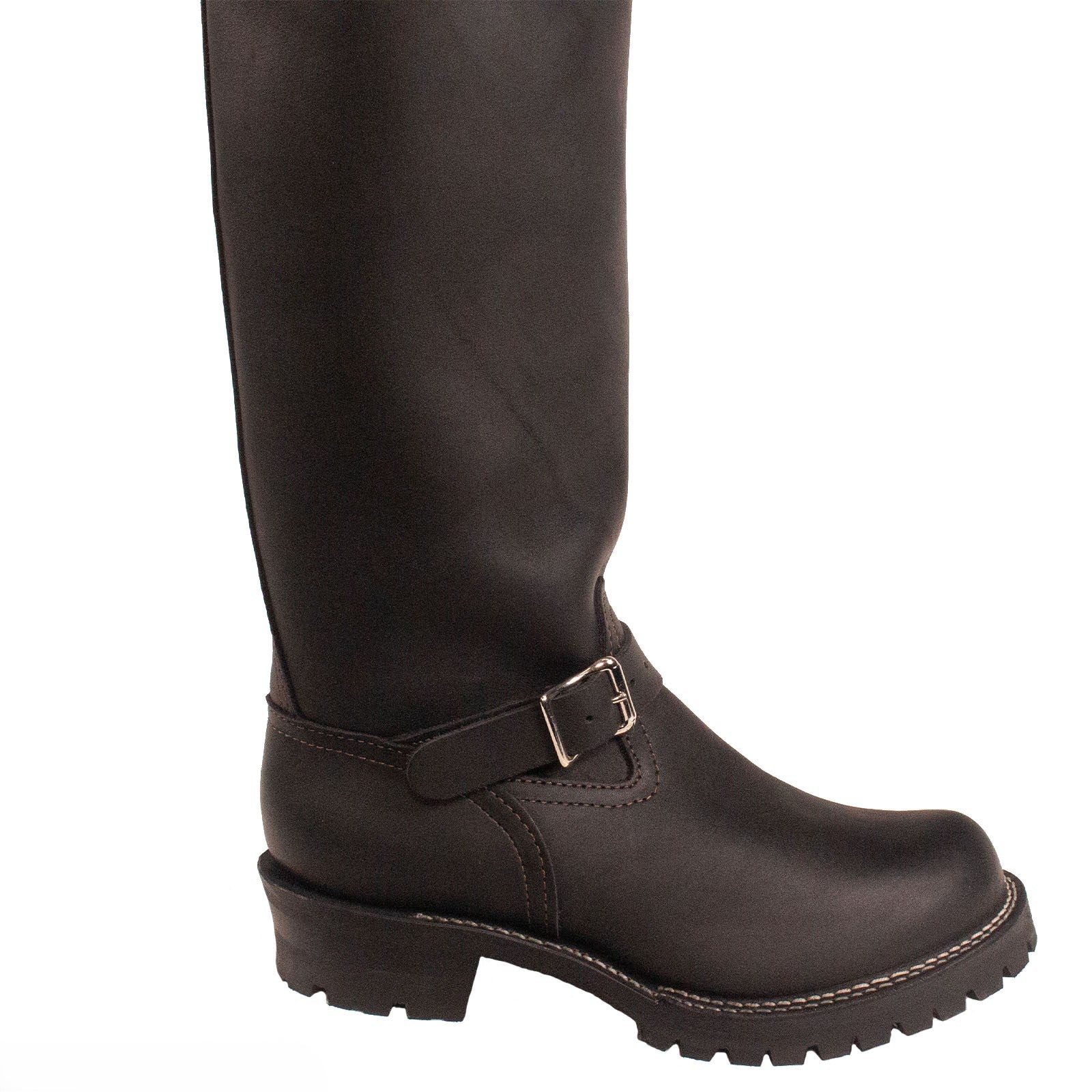 Brown leather boot with a buckle on a white background