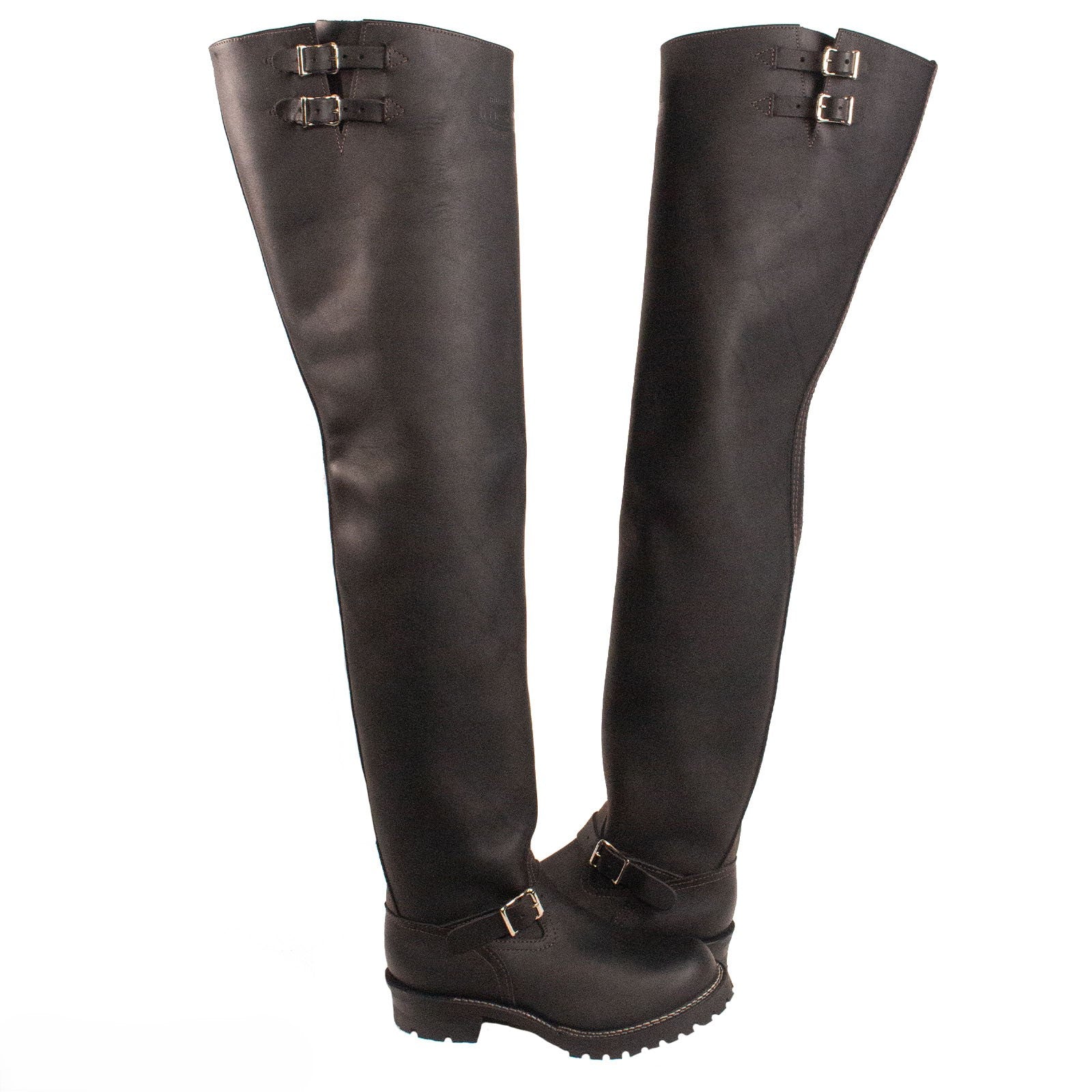 Pair of black knee-high boots with buckles on a white background