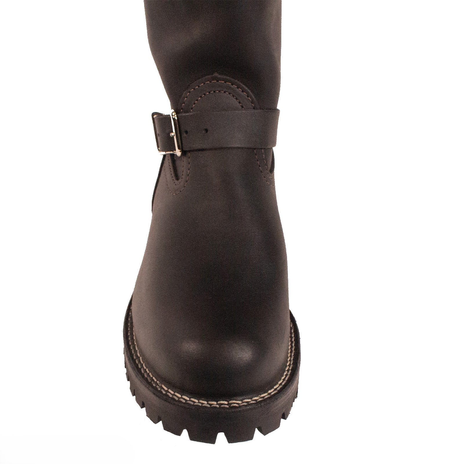 Dark brown leather boot with a buckle on a white background