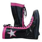 Black and pink boots with a star design on a white background