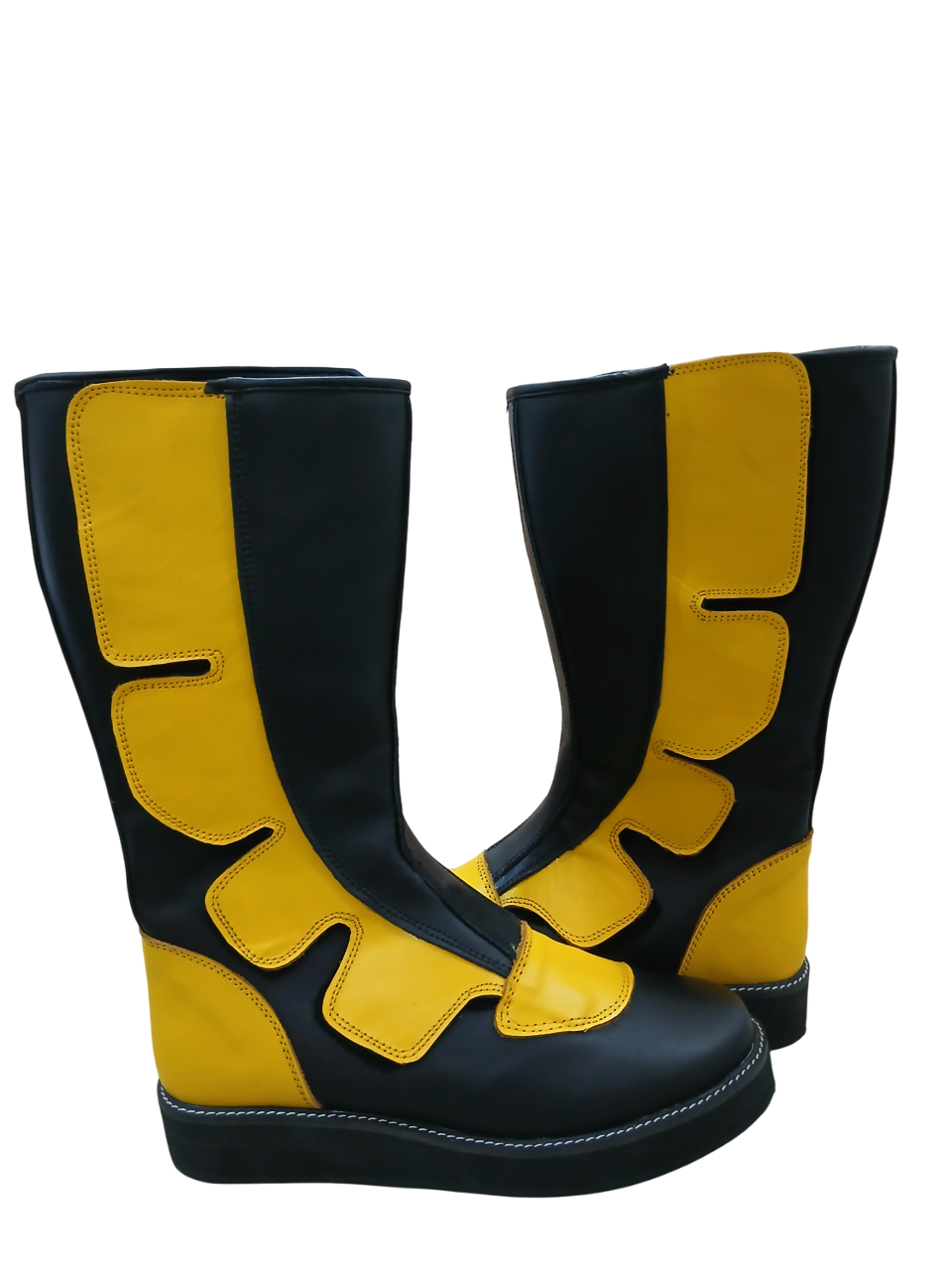 Black and yellow professional wrestling boots with knee-high athletic design