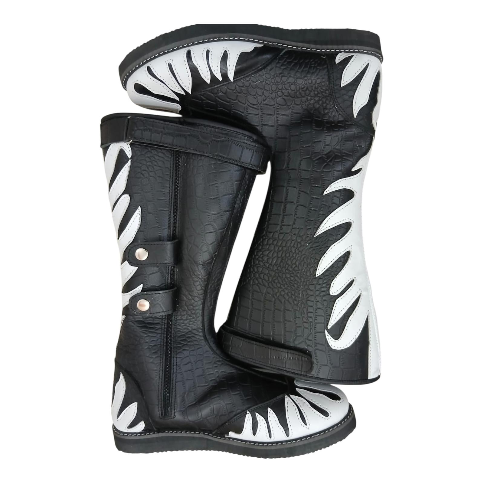 Black and white crocodile texture knee-high wrestling boots with white flame cutout overlay design