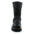Front-facing pair of black biker engineer boots showing sculpted pointed-to-square toe box, full harness ring detail, and aggressive deep lug rubber outsole