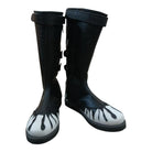 Front view of knee-high black and white flame design combat wrestling boots on white background