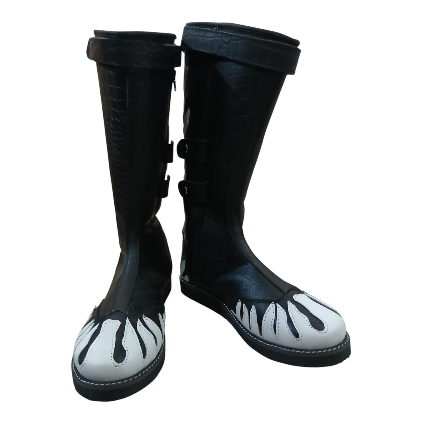 Front view of knee-high black and white flame design combat wrestling boots on white background