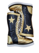 Black and gold high-top sneakers with white stars on a white background