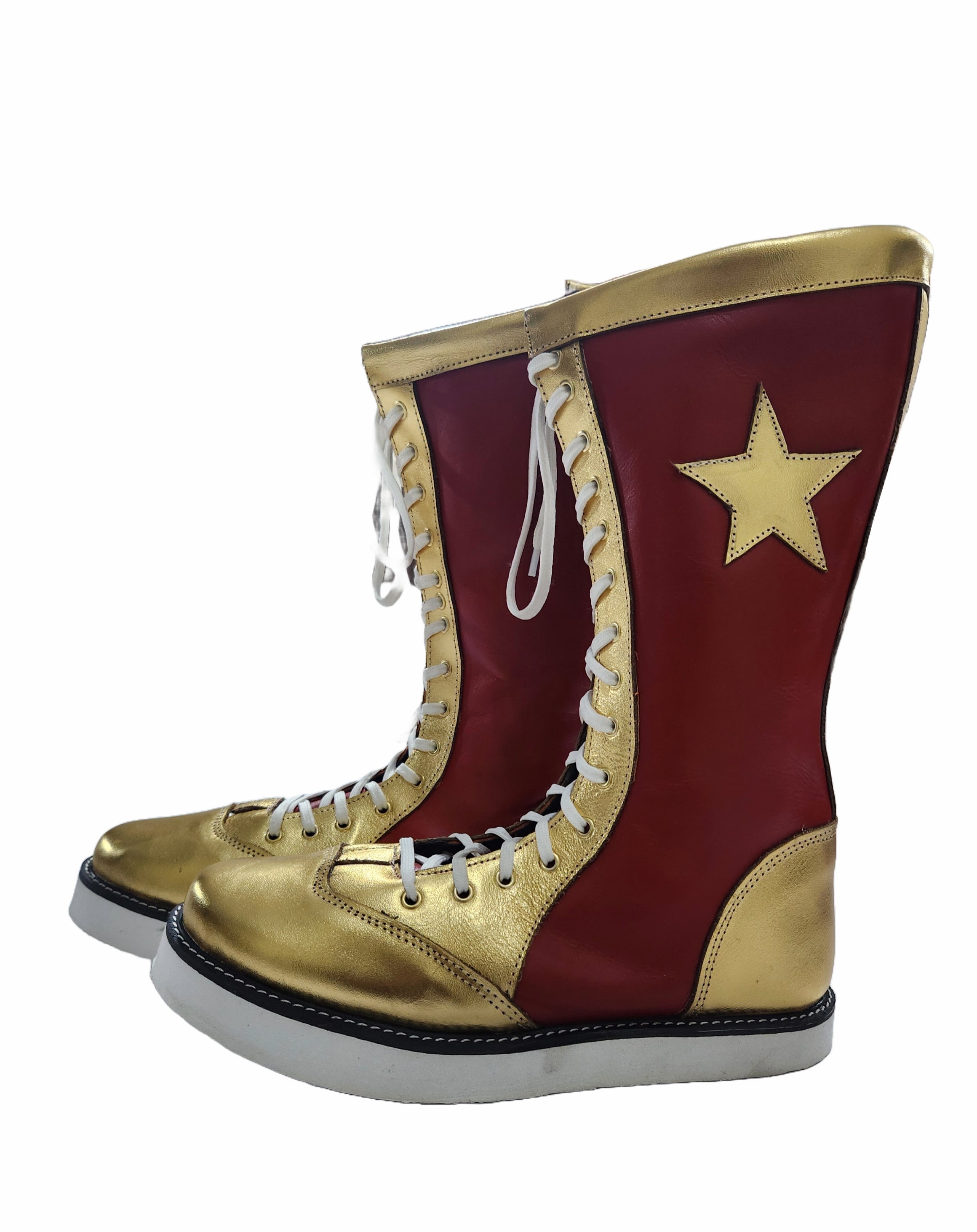 Marron and gold boots with a star on a white background