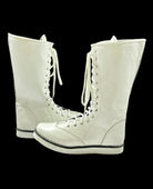Pair of white boots featuring full-length flat laces and silver eyelet hardware
