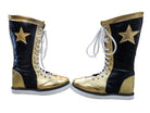 Pair of black and gold high-top sneakers with white stars on a white background