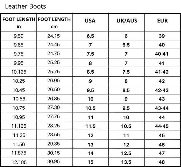 Table showing shoe size conversions for leather boots in inches, centimeters, USA, UK/AUS, and EUR.