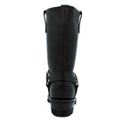 Black leather boot with buckle details on a white background