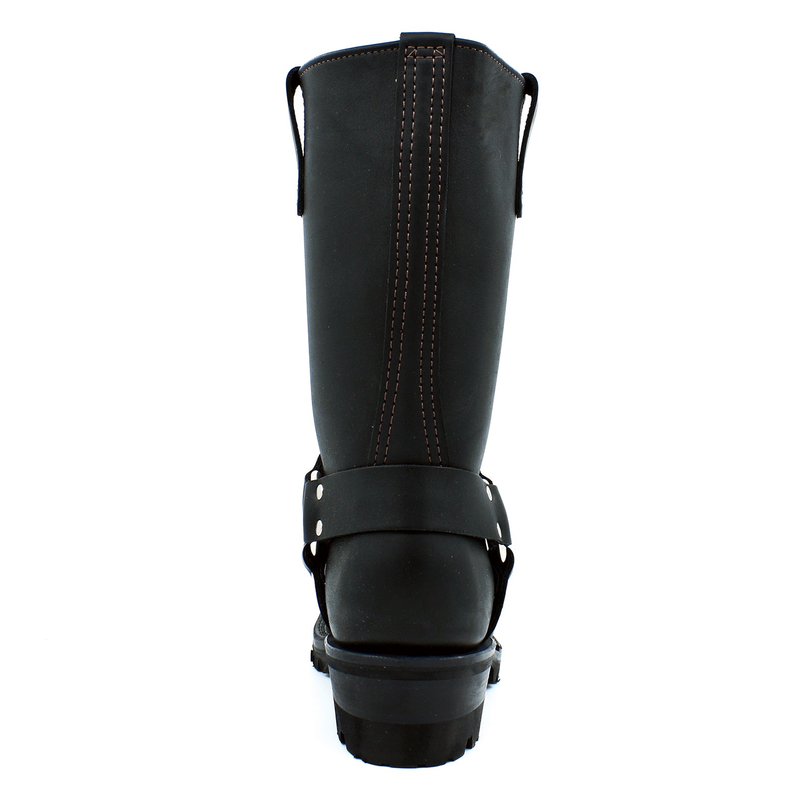 Black leather boot with buckle details on a white background