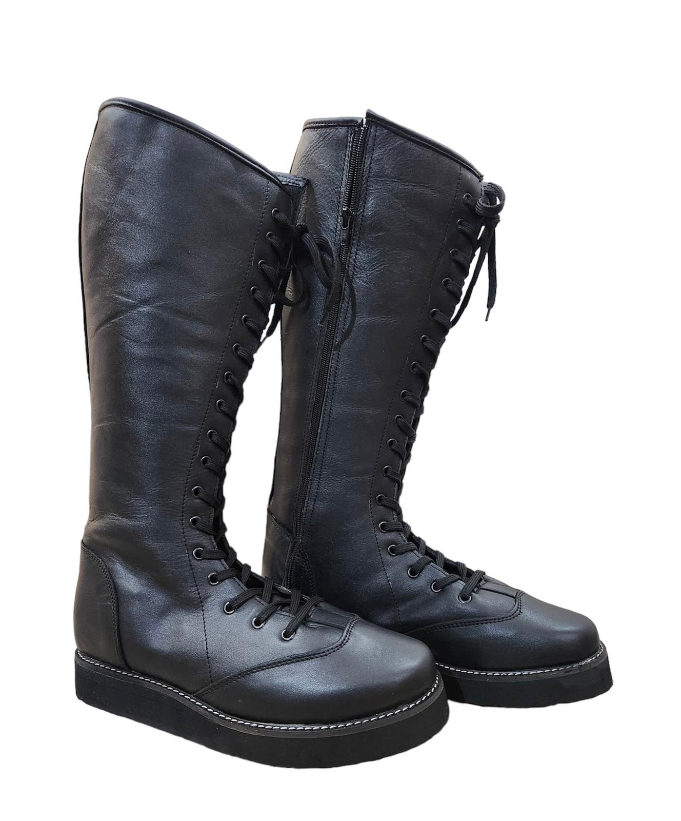 Pair of black wrestling boots designed for ring performance and training
